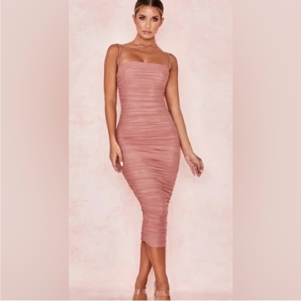 Elegant House of CB Sirene Pink Ruched Midi Dress